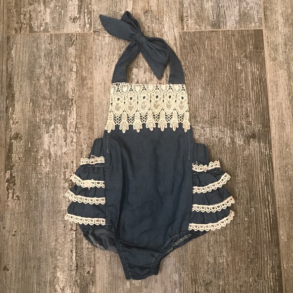 Other - Denim ruffled romper with lace detail.